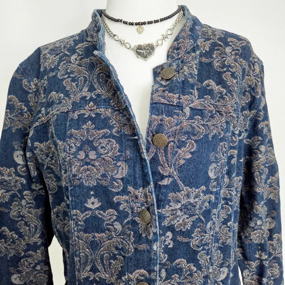 Y2K Floral Tapestry Denim Jacket Size 12 Blue‎ Boho Hippie Indie Western Vintage